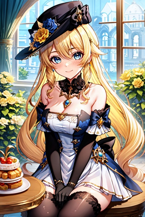 1girl, solo, long hair, breasts, looking at viewer, blush, smile, bangs, blue eyes, blonde hair, large breasts, thighhighs, gloves, hat, dress, cleavage, bare shoulders, jewelry, medium breasts, sitting, very long hair, closed mouth, collarbone, flower, earrings, food, black gloves, elbow gloves, black thighhighs, indoors, white dress, zettai ryouiki, book, window, black headwear, rose, table, hat flower,