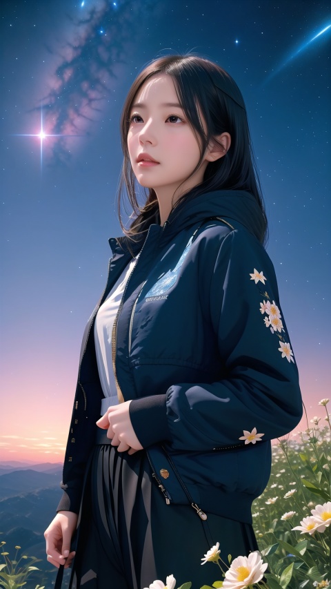  (Best quality), (masterpiece), (detailed details), movie poster, the rendered night sky is full of mystery and magic, as if in the distant space. Bright stars, or dense or sparse, like a pearl inlaid on the sky. The sky is full of flowers, cute and detailed digital art, and anime illustrations,