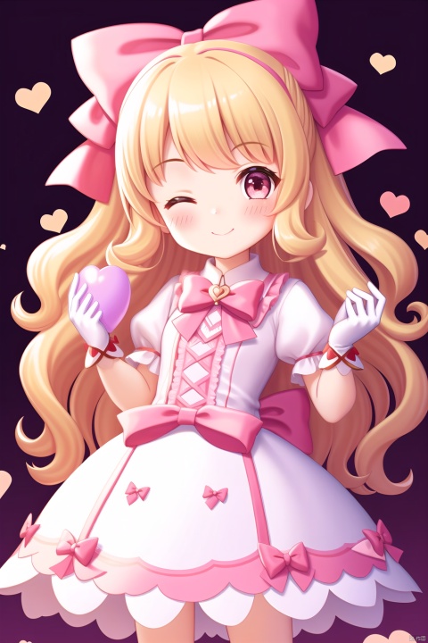  1girl, solo, long hair, looking at viewer, blush, smile, bangs, blonde hair, gloves, white background, dress, bow, holding, very long hair, closed mouth, short sleeves, hair bow, heart, one eye closed, puffy sleeves, white gloves, two side up, puffy short sleeves, hands up, black bow, pink bow, pink dress, ;\), balloon, holding balloon, heart balloon, eastern dragon