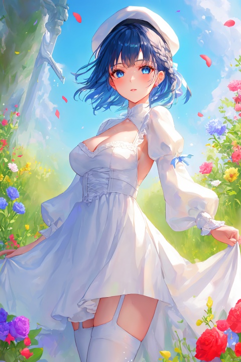 1girl, solo, breasts, looking at viewer, short hair, bangs, blue eyes, thighhighs, long sleeves, hat, dress, bow, holding, cleavage, medium breasts, blue hair, standing, weapon, braid, flower, outdoors, frills, sword, holding weapon, white dress, white thighhighs, petals, holding sword, ice, backless outfit, rapier