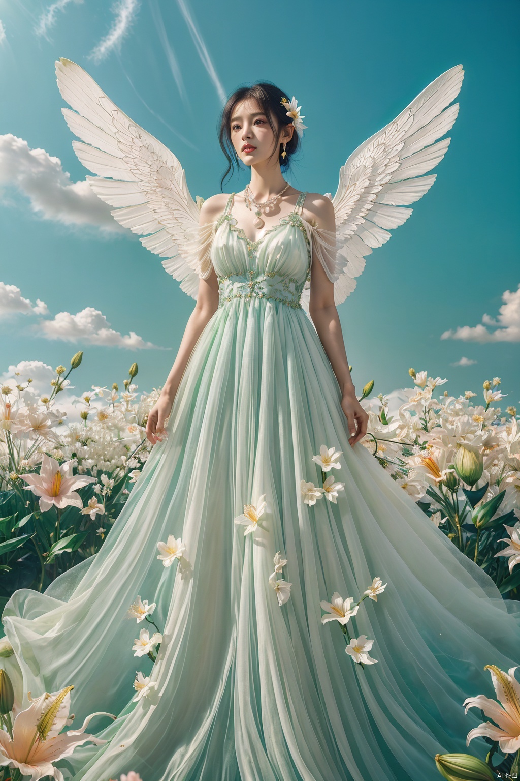  Quality, 8K, extremely intricate details, 1 girl, Lolita, gradient color, careful eyes, transparent wings, gradient art, in the flowers, (huge lily :1.1), sky, (White cloud :0.9), full lens, necklace, pearls and jewelry, 1 girl, flowing dress, light green dress, huge flowers, wide Angle, hdr, sd_mai