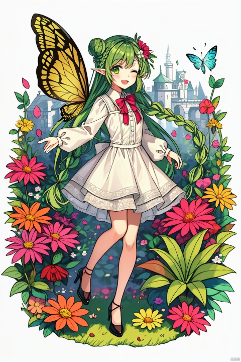 1girl, solo, long hair, smile, open mouth, simple background, hair ornament, long sleeves, white background, dress, ribbon, very long hair, green eyes, full body, braid, flower, one eye closed, green hair, wings, shoes, pointy ears, hair flower, hair bun, white dress, high heels, petals, bug, butterfly, fairy wings