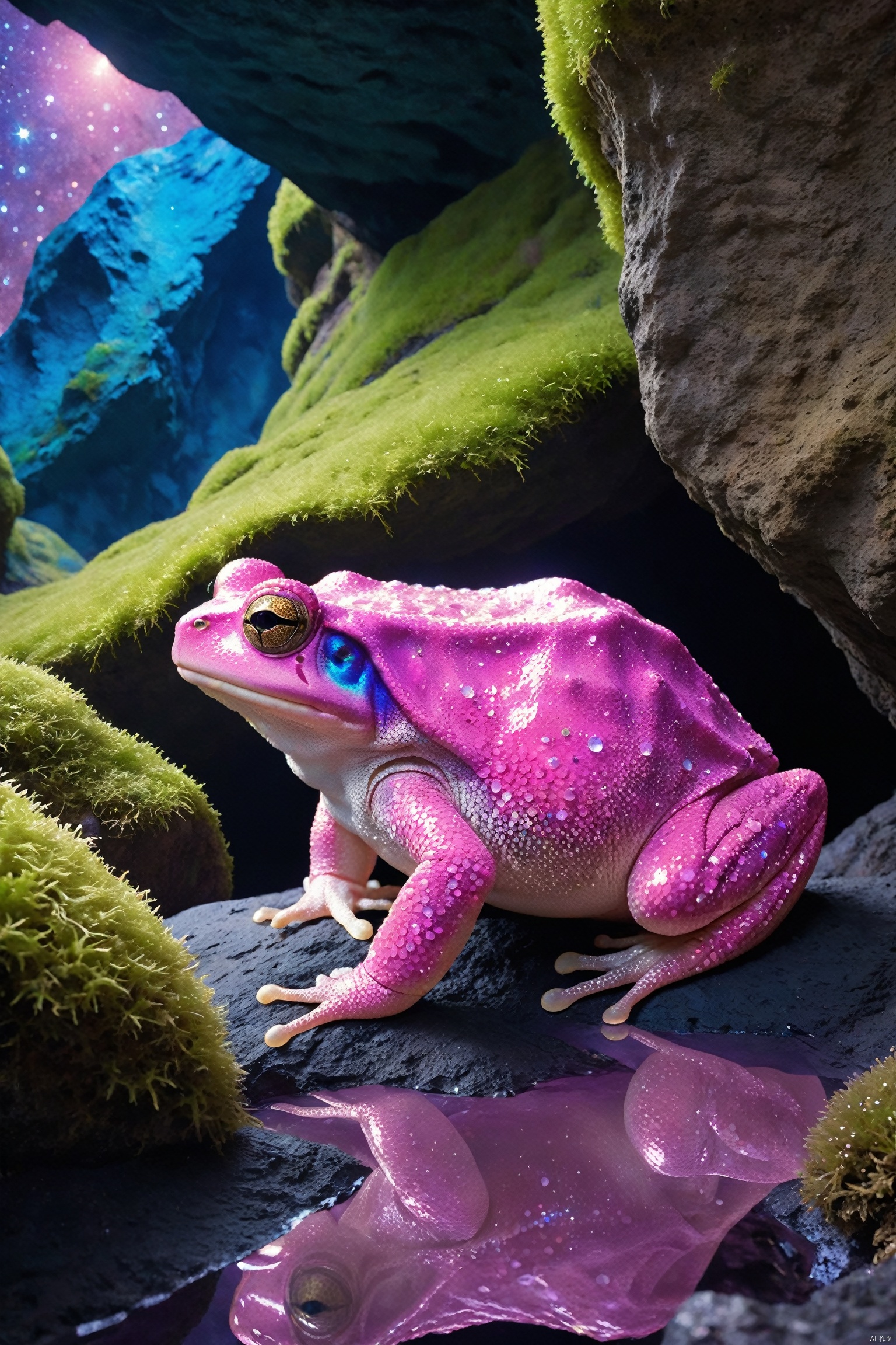In a cavernous, mystical environment, a massive, pink-hued toad looms over a lone astronaut-like figure, the creature's skin textured with shades of lilac and cerulean, resembling glistening celestial bodies against a dark cave backdrop; jagged rock formations, coated in iridescent moss and dotted with luminous crystals,