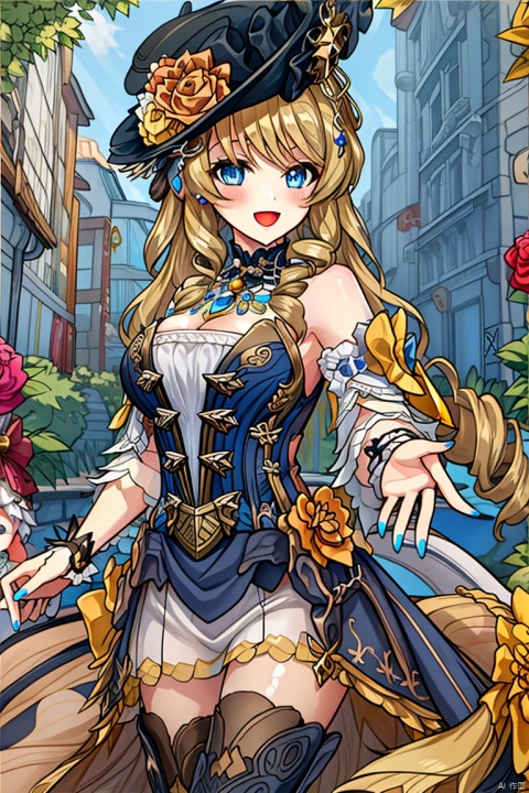 1girl, solo, long hair, breasts, looking at viewer, blush, smile, open mouth, bangs, blue eyes, blonde hair, large breasts, thighhighs, hat, dress, holding, cleavage, bare shoulders, jewelry, flower, :d, boots, detached sleeves, necklace, nail polish, strapless, rose, umbrella, thigh boots, drill hair, strapless dress, blue nails, blue flower, holding umbrella, parasol, yuanshen