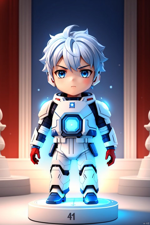  1 boy, blue eyes, white hair, red space suit, (bust: 1.3), dynamic pose, HD, 32k, (Masterpiece: 1.5), masterpiece