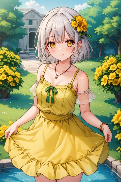 1girl, solo, breasts, looking at viewer, blush, smile, short hair, bangs, hair ornament, dress, bare shoulders, jewelry, closed mouth, standing, collarbone, yellow eyes, flower, white hair, cowboy shot, earrings, small breasts, outdoors, wings, sleeveless, hair flower, bracelet, tree, sleeveless dress, green dress, yellow flower, skirt hold