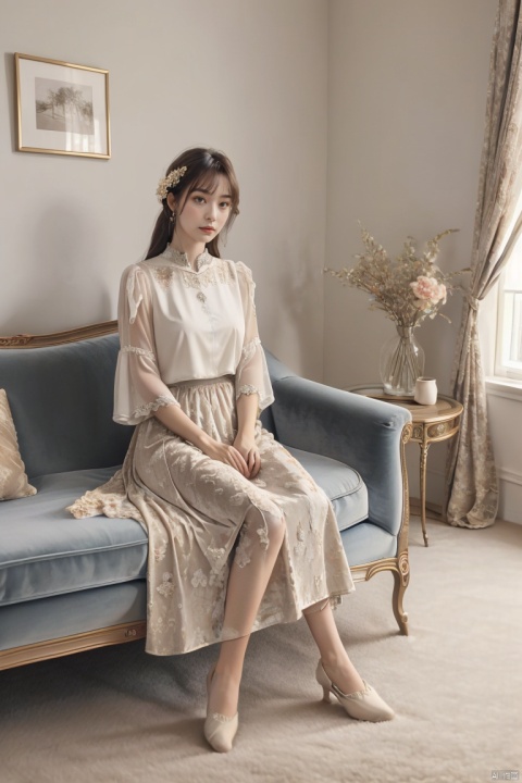  masterpiece, panorama,a girl, solo focus, half_body,long hair, dress, sitting in sofa, a delicate sitting room, a photo frame on the wall, velvet curtains, sofa in modern minimalist style, ((carpet)) on the floor, beautiful flowers, skirt_lift, cns_dress,真实