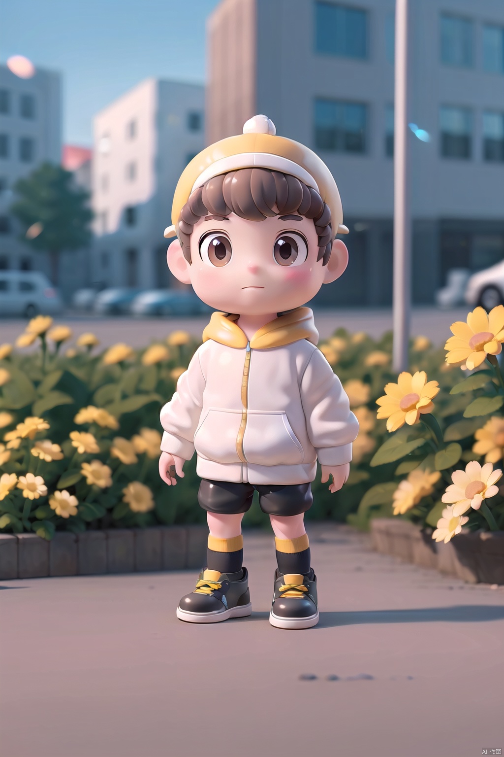  (yellower hat :1.5)1 boy, alone, looking at the audience, short hair, bangs, brown hair, black hair, long sleeves, 1 boy, hat, brown eyes, closed mouth, standing, full body, flowers, male focus, outdoor, shoes, shorts, day, socks, hood, black footwear, black hat, hoodie, black shorts, hood, plants, White socks, ground vehicles, buildings, sneakers, baseball caps, yellow flowers, hands in pockets, pull cords, potted plants, roads, wires, white hoodies, poles, tomboys, flower POTS, air conditioning, crosswalks, volume light, VR rendering