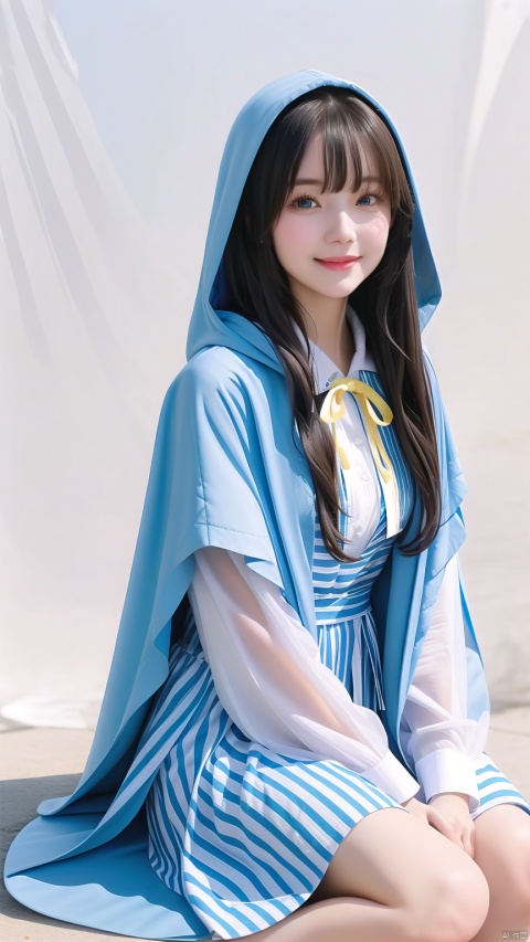  1girl, solo, long hair, looking at viewer, blush, smile, bangs, blue eyes, shirt, long sleeves, dress, ribbon, hair between eyes, sitting, very long hair, closed mouth, full body, white shirt, flower, white hair, barefoot, striped, collared shirt, hood, water, cape, petals, black ribbon, neck ribbon, blue dress, wariza, white flower, cloak, vertical stripes, hood up, yellow flower, striped dress, hooded cloak, vertical-striped dress, hooded cape