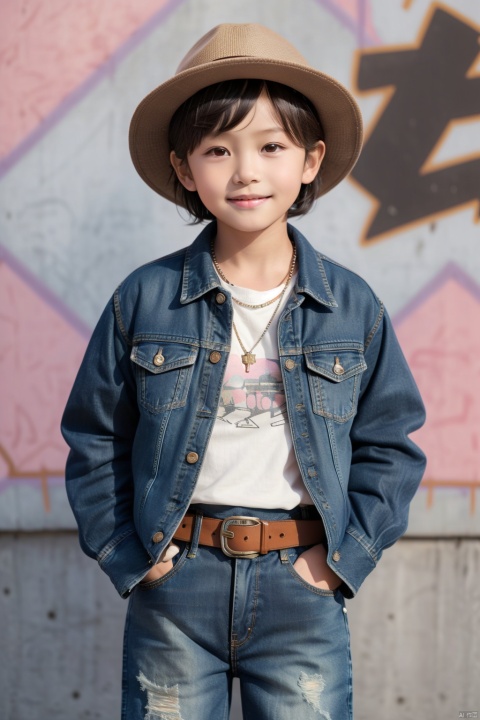 10 years old, child, 1boy, solo, short hair, looking at the audience, smiling, bangs, brown hair, grid shirt, hat, brown eyes, jewelry, jacket, plaid shirt, denim lens, open dress, belt, pants, necklace, open jacket, lips, crop top, denim, jeans, realistic, beanie, pink jacket, graffiti