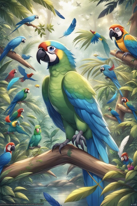 solo, blue eyes, no humans, bird, animal, leaf, watermark, feathers, plant, nature, forest, animal focus, beak, parrot
