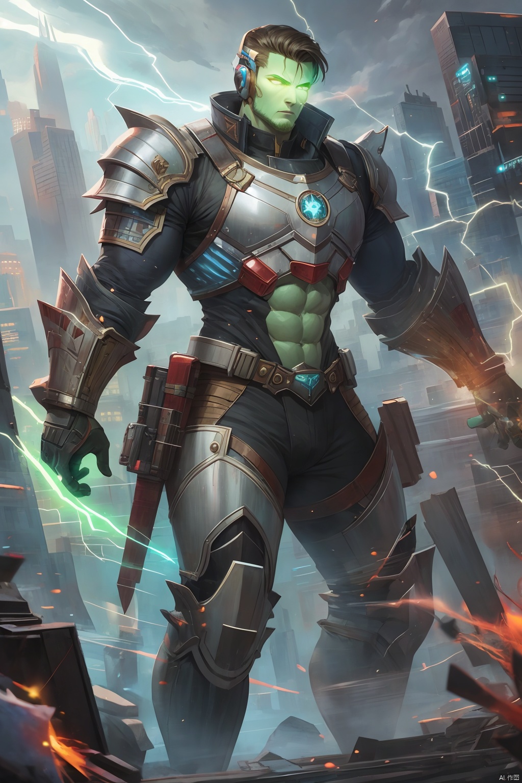  solo, 1boy, male focus, armor, muscular, colored skin, abs, science fiction, shield, electricity, giant, green skin, damaged, power armor
