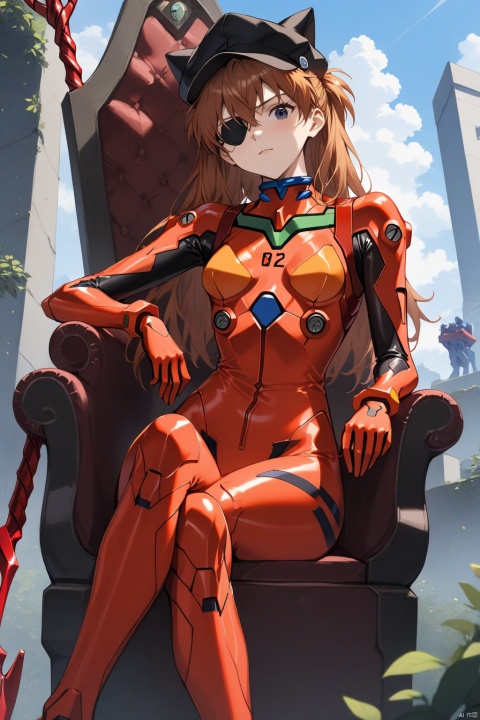 1girl, souryuu asuka langley, neon genesis evangelion, rebuild of evangelion, lance of longinus, cat hat, plugsuit, pilot suit, red bodysuit, sitting, crossed legs, black eye patch, throne, looking down, from bottom, looking at viewer, outdoors, masterpiece, best quality, very aesthetic, absurdres
