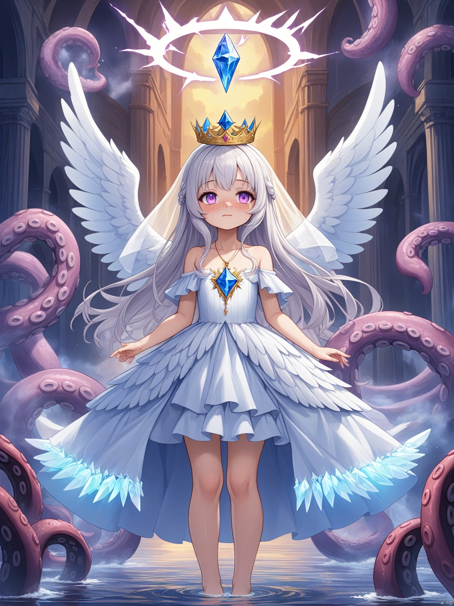 2d游戏角色Lori, petite, 1girl, dress, solo, white hair, princess, crown, halo, angel wings, tentacles, long hair, white and blue translucent crystal swan feather skirt, looking at the audience, crystal pendant, veil, face freckles, bare shoulders, heterochromatic eyes, mouth closed, standing, long dress, collarbone, angel, purple fire element, lightning, title, poster, masterpiece, best quality, high definition, 16k