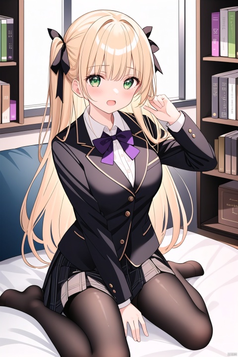  1girl, solo, long hair, breasts, looking at viewer, blush, open mouth, bangs, skirt, blonde hair, shirt, long sleeves, bow, ribbon, sitting, school uniform, green eyes, jacket, full body, hair ribbon, white shirt, pantyhose, pleated skirt, collared shirt, indoors, bowtie, two side up, black jacket, book, plaid, black pantyhose, window, black ribbon, plaid skirt, wariza, no shoes, stuffed toy, blazer, between legs, purple skirt, bookshelf