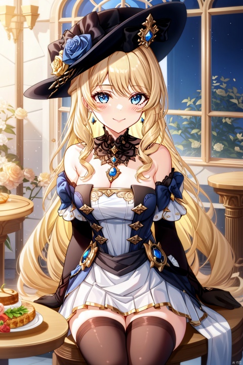  1girl, solo, long hair, breasts, looking at viewer, blush, smile, bangs, blue eyes, blonde hair, large breasts, thighhighs, gloves, hat, dress, cleavage, bare shoulders, jewelry, medium breasts, sitting, very long hair, closed mouth, collarbone, flower, earrings, food, black gloves, elbow gloves, black thighhighs, indoors, white dress, zettai ryouiki, book, window, black headwear, rose, table, hat flower