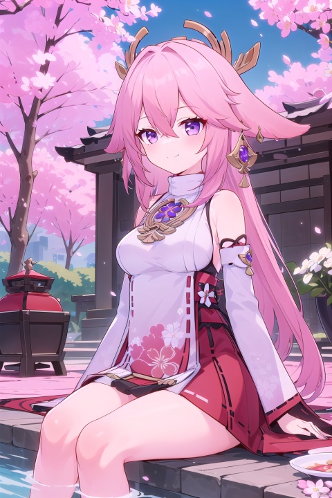  1girl, solo, long hair, breasts, looking at viewer, smile, bangs, skirt, shirt, hair ornament, long sleeves, animal ears, hair between eyes, bare shoulders, jewelry, sitting, very long hair, closed mouth, purple eyes, white shirt, pink hair, thighs, earrings, outdoors, detached sleeves, japanese clothes, wide sleeves, water, tree, cup, petals, fox ears, sleeveless shirt, red skirt, floral print, cherry blossoms, nontraditional miko, lantern, yokozuwari, vision \(genshin impact\), architecture, sakazuki, east asian architecture, yae miko, YSbachongshenzi