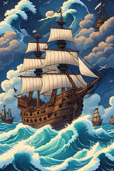 pubg style the image features a pirate ship sailing in the ocean, surrounded by rough waves and foamy sea spray. the pirate ship is large with three masts, each displaying sails that catch the wind as it moves forward. the background consists of a starry night sky, which adds an element of mystique to the scene. the style used in this artwork appears to be a mix of fantasy and realistic elements, creating a visually engaging and dramatic depiction of the pirate ship's voyage across the open waters. . realistic battle royale, survival mechanics, tactical combat