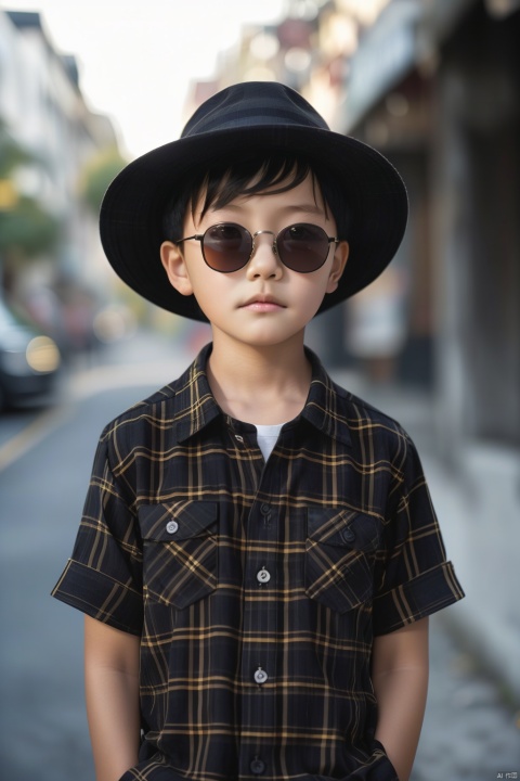  Real, photo, 10 year old, single, looking at the audience, plaid shirt, black hair, boy, hat, Fashion shirt, top, short sleeve, Male focus, outdoor, day, blur, plaid, blur background, sunglasses, Reality, plaid shirt