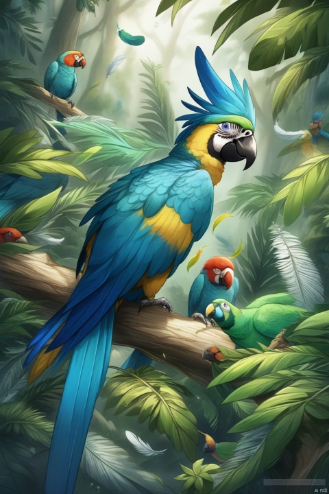  solo, blue eyes, no humans, bird, animal, leaf, watermark, feathers, plant, nature, forest, animal focus, beak, parrot
