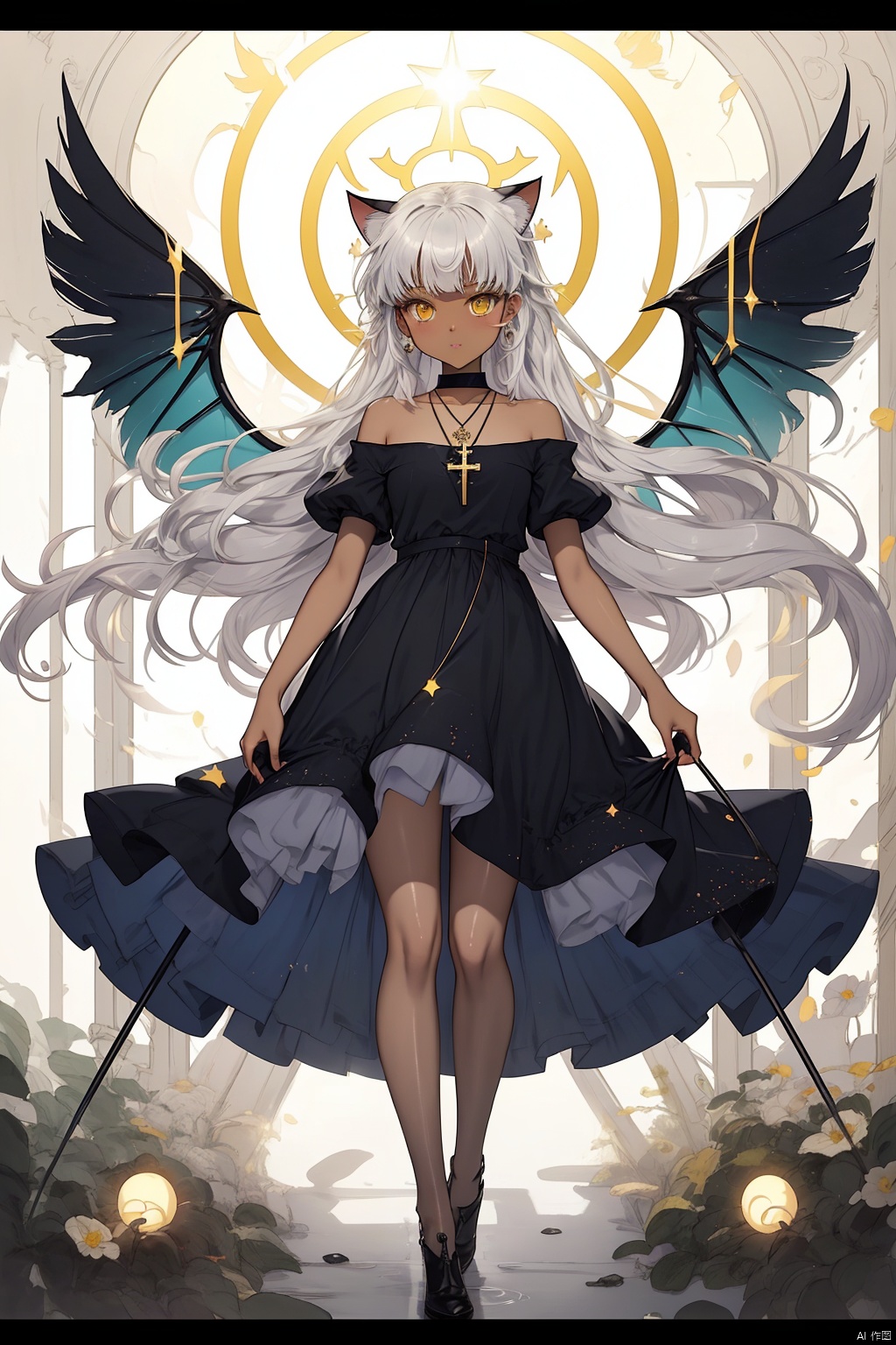  {masterpiece},white hair,yellow eyes,aqua eyes,looking up,stockings,dark skin,long hair,hime cut,messy hair,floating hair,demon wings,halo,cross necklace,holy,divinity,shine,holy light,cat girl,(loli),(petite),solo,cozy anime,houtufeng,letterboxed,1 girl,2Dconceptualdesign
负向提示