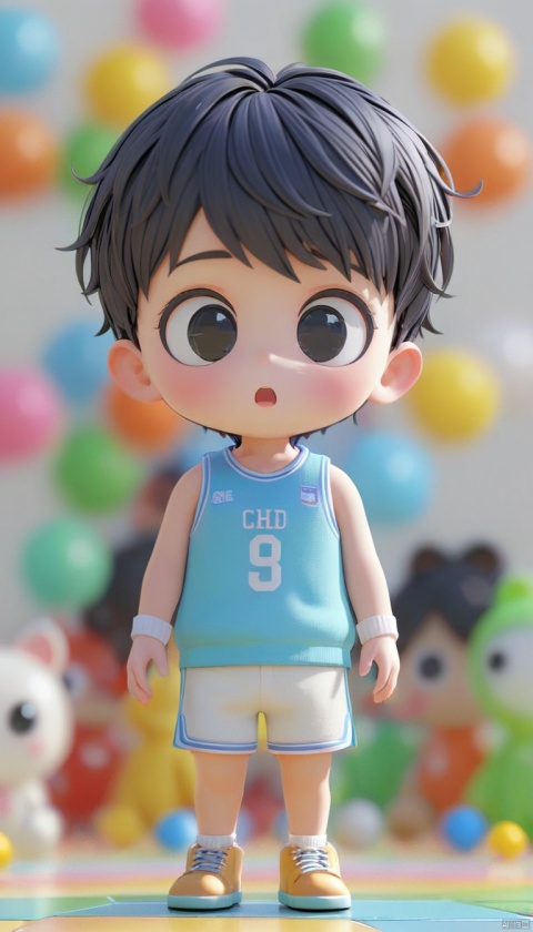  Asian Youth's illustration,（ David is a 20 year old male, black hair, blue basketball top, white basketball shorts, sports sweatband on forehead, ）small black eyes, no glasses, white blackground, hd mod, glowwave, simple, 3d, blender, oc render, in by pop mart, blind box toy, hyper detail, c4d, 8k