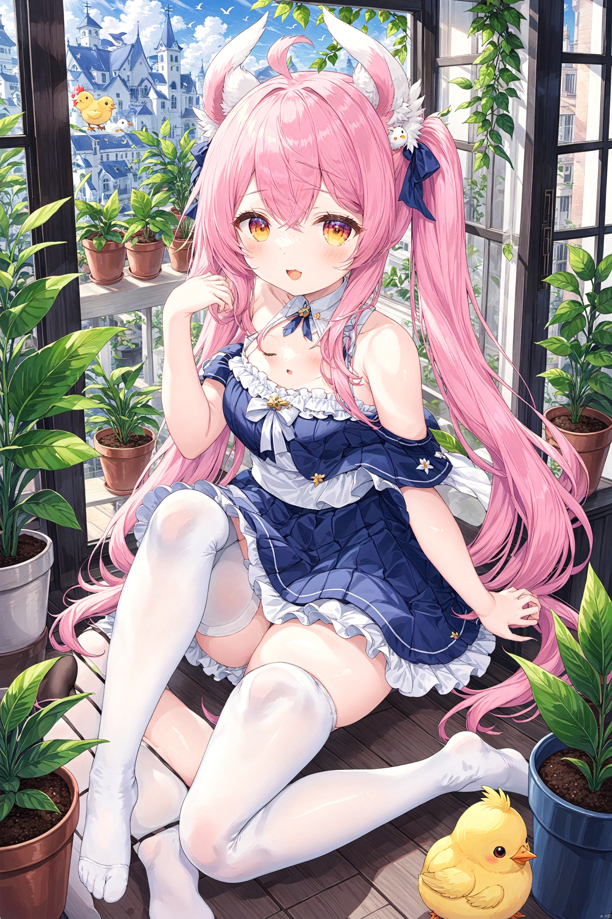 feet, manjuu_\(azur_lane\), soles, 1girl, chick, no_shoes, thighhighs, animal_ears, twintails, long_hair, foot_focus, white_legwear, very_long_hair, potted_plant, pink_hair, bird, plant, window, skirt, breasts, toes, open_mouth, bare_shoulders
