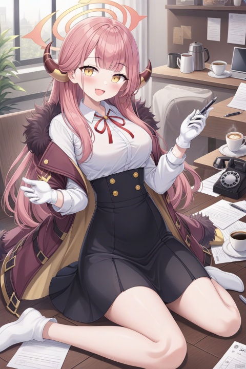 1girl, solo, long hair, breasts, looking at viewer, blush, smile, open mouth, bangs, skirt, shirt, gloves, long sleeves, ribbon, sitting, jacket, yellow eyes, white shirt, pink hair, :d, horns, collared shirt, indoors, white gloves, black skirt, red ribbon, cup, coat, fur trim, neck ribbon, halo, wariza, phone, high-waist skirt, paper, pen, shirt tucked in, coffee, aru \(blue archive\)