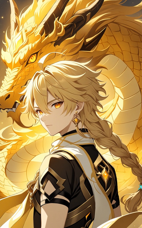 solo, long hair, looking at viewer, bangs, blonde hair, shirt, gloves, 1boy, hair between eyes, jewelry, closed mouth, yellow eyes, upper body, braid, ahoge, short sleeves, male focus, earrings, horns, scarf, orange eyes, black shirt, single braid, dragon, eastern dragon, aether \(genshin impact\)