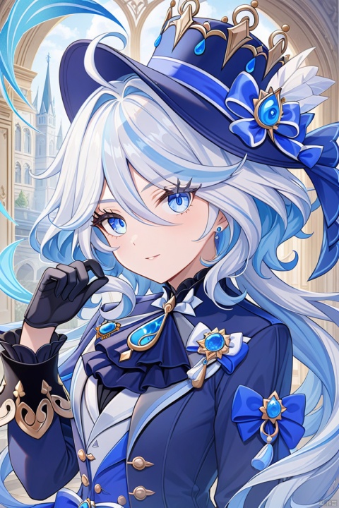 solo,FURINA\(genshin impact\),portrait,upper_body,highres,blue eyes, gloves, hat, solo, white hair, looking at viewer, long hair, 