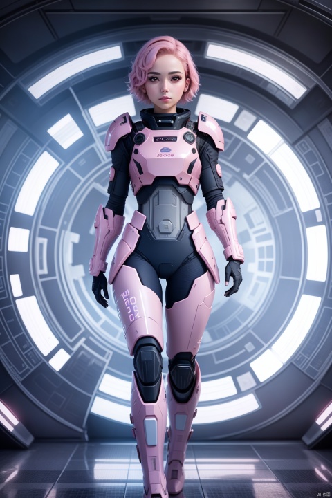 1girl, solo, looking at viewer, short hair,（ Pink eyes：1.8）, full body, pink hair, armor, lips, bodysuit, science fiction, hologram, HD,32k,,