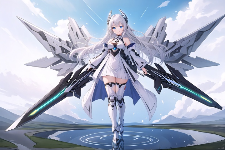  1girl, solo, long hair, breasts, looking at viewer, smile, bangs, blue eyes, thighhighs, dress, bare shoulders, medium breasts, full body, weapon, white hair, boots, outdoors, detached sleeves, wings, sky, day, sword, cloud, water, white dress, armor, zettai ryouiki, petals, floating hair, headgear, cloudy sky, floating, reflection, armored boots, mecha musume, mechanical wings