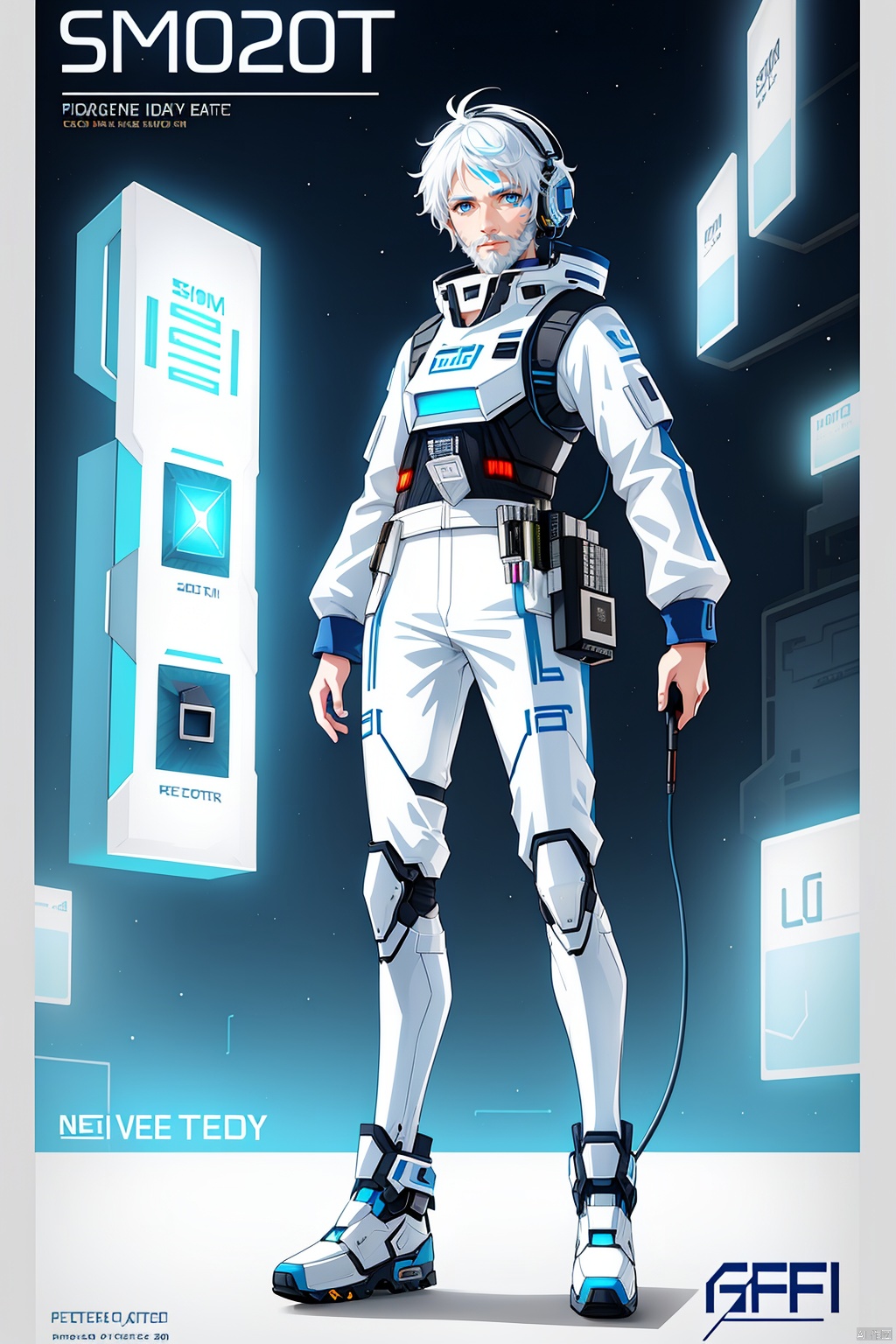  Boy, single, short hair, (blue eyes :1.2), full body, (white hair :1.2), Armor, Sci-fi, Holographic, HD, 32k, Wind, 20 years old, Sunshine, ****, outgoing, lively, Headshot, white space suit, Cyberpunk,Keyboard, mouse, graphics card, console, gamepad,Headphone, Face marker, pointing, realistic, Nose, pilot suit, beard pen, face paint, mechanical core, (graphics card fan :1.2), mechanical leg, graphics card promotional figure, male image