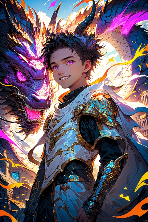  the poster of the anime character with an horned head, in the style of neon lights, futurism, handsome, i can't believe how beautiful this is, 2d game art, white, fantasy characters, Anime style, mlonggwang
solo, 1boy, purple eyes, male focus, outdoors, sky, teeth, armor, no humans, glowing, sharp teeth, building, science fiction, monster, city, dragon, lbbao