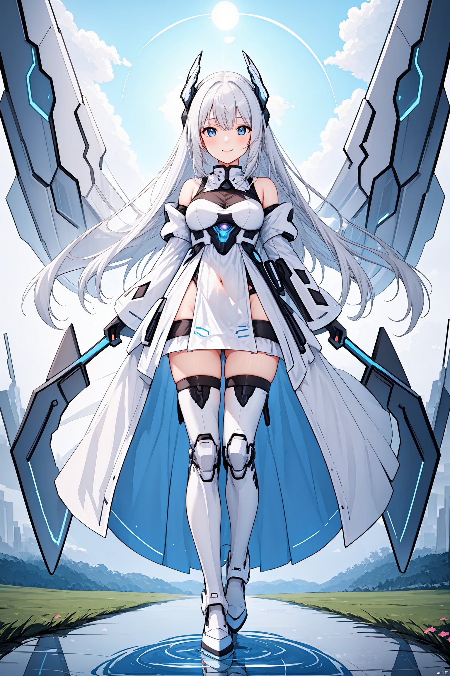  1girl, solo, long hair, breasts, looking at viewer, smile, bangs, blue eyes, thighhighs, dress, bare shoulders, medium breasts, full body, weapon, white hair, boots, outdoors, detached sleeves, wings, sky, day, sword, cloud, water, white dress, armor, zettai ryouiki, petals, floating hair, headgear, cloudy sky, floating, reflection, armored boots, mecha musume, mechanical wings