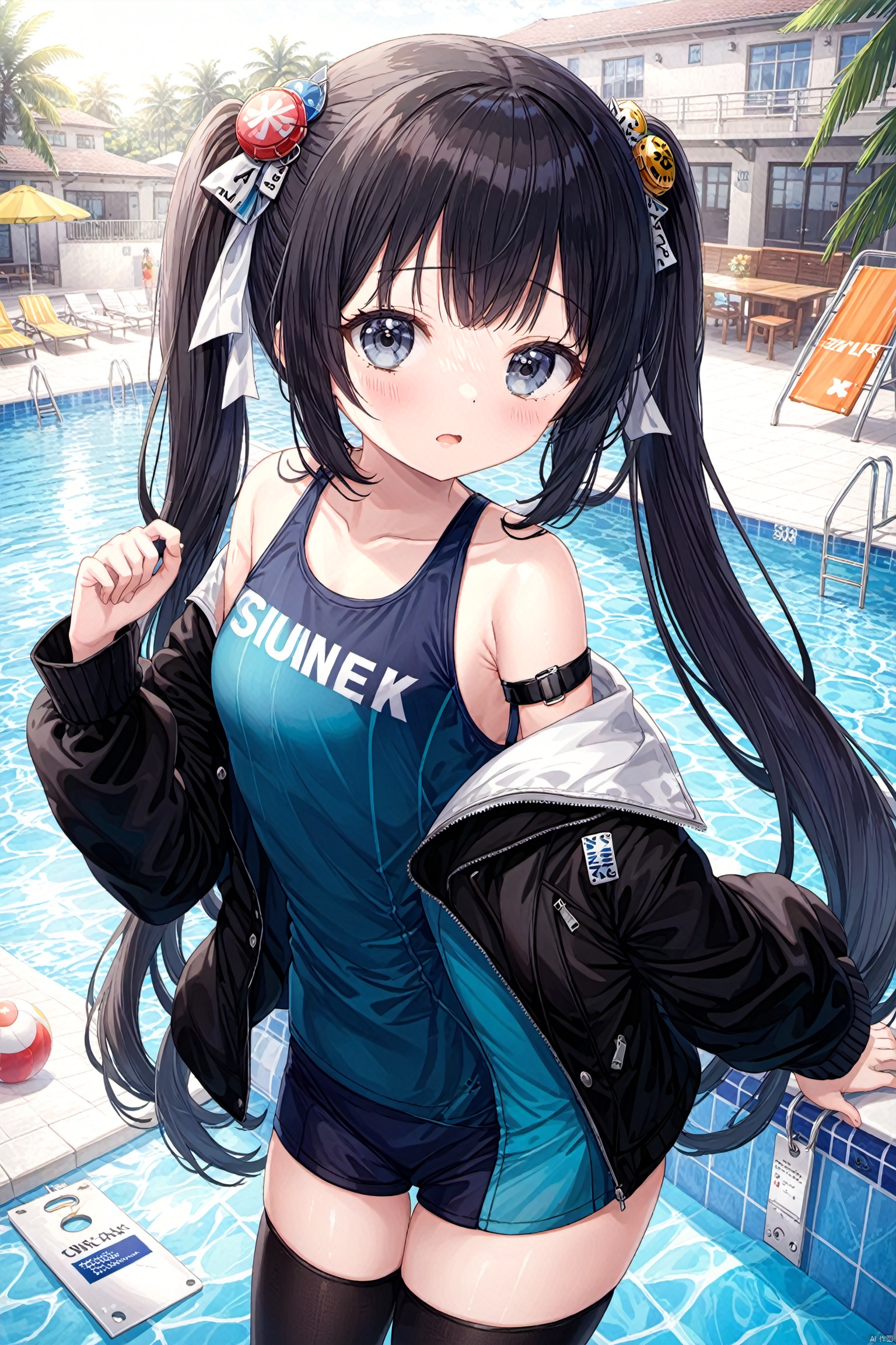  1girl, solo, long_hair, open_mouth, bangs, simple_background, black_hair, hair_ornament, thighhighs, long_sleeves, white_background, twintails, collarbone, jacket, swimsuit, open_clothes, hairclip, black_thighhighs, blunt_bangs, black_eyes, black_jacket, one-piece_swimsuit, sleeves_past_wrists, grey_eyes, low_twintails, looking_away, school_swimsuit, x_hair_ornament, armband, bandaid, blue_one-piece_swimsuit, injury, name_tag, bandaid_on_face, holding_own_arm, hand_on_own_arm, cuts, safety_pin, poolside, pool ladder, swimming club , 
best quality , masterpiece, realistic, Vibrant colors:1.5, an extremely delicate and beautiful, finely detail, extremely detailed CG unity 8k wallpaper, huge filesize, ultra-detailed, highres, RAW photo, vivid, intricate details, perfect eyes, perfect face, perfect lighting,