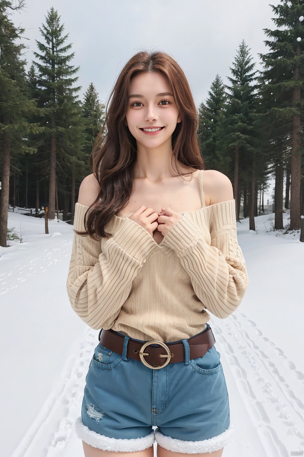 1 girl, thigh strap, belt, single, (Virgin sweater: 1.2), clear eyes, collarbone, brown hair, long hair, smile, huge chest, shoulders, shorts, (hands on chest), (snow), snow, (outdoor)