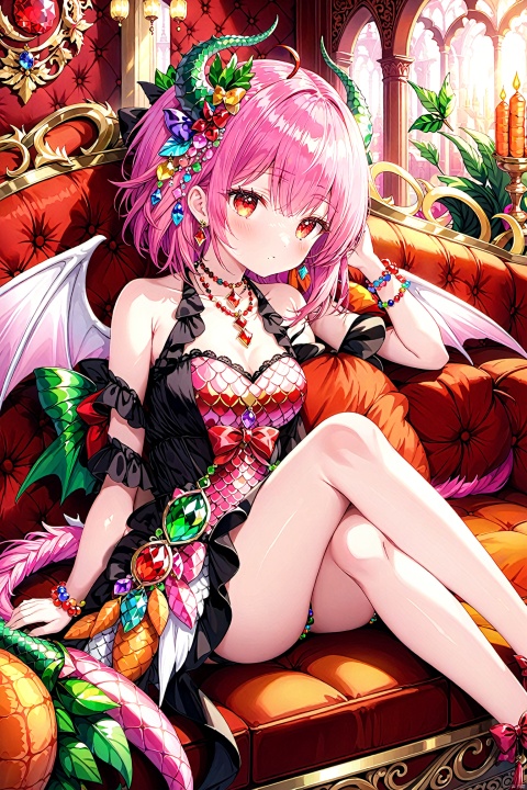  (Masterpiece, best quality:1.4), (ultra-detailed), color full, God rays, ray tracing, beautiful detail eyes, extremely detailed, hyper detailed, highres, good anatomy, (((best quality))), (an extremely delicate and beautiful), an extremely detailed and delicate, 8k cg wallpaper, 
, , , 
(Dragon girl), Dragon tail, Dragon Wings, Dragon horns, pink hair, red eyes, beautiful, luxurious sofa, lying on an ornate and luxurious sofa, pink and multicolored scales, lying on sofa, jewellery, hair ornament, jewelry, crescent hair ornament, carrot hair ornament, hair beads, necklace, bow, 
,yuzu,1 girl