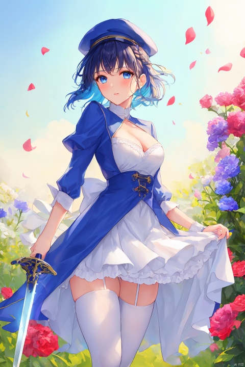 1girl, solo, breasts, looking at viewer, short hair, bangs, blue eyes, thighhighs, long sleeves, hat, dress, bow, holding, cleavage, medium breasts, blue hair, standing, weapon, braid, flower, outdoors, frills, sword, holding weapon, white dress, white thighhighs, petals, holding sword, ice, backless outfit, rapier