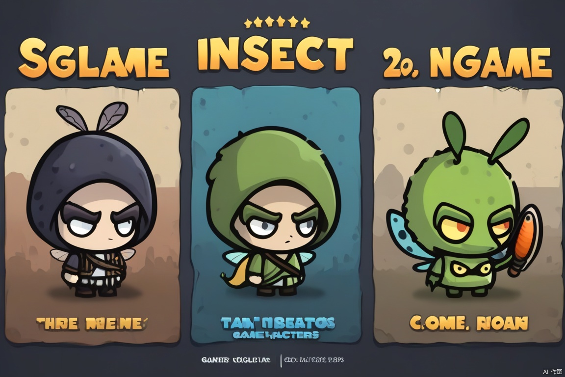  Poster, 2d game characters, masterpiece, title, Three game characters, insect ,
