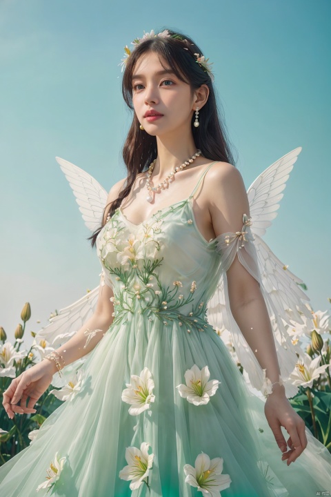  Quality, 8K, extremely intricate details, 1 girl, Lolita, gradient color, careful eyes, transparent wings, gradient art, in the flowers, (huge lily :1.1), sky, (White cloud :0.9), full lens, necklace, pearls and jewelry, 1 girl, flowing dress, light green dress, huge flowers, wide Angle, hdr, sd_mai