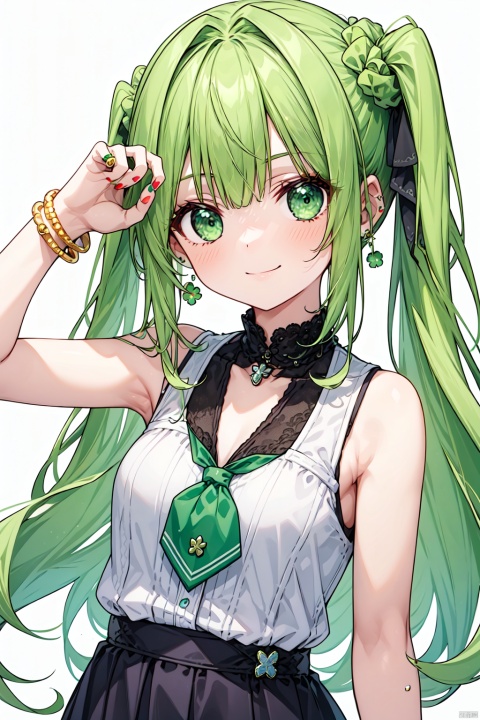  1girl, aqua_nails, armpits, bangle, bare_shoulders, bead_bracelet, beads, blonde_hair, blush, bracelet, clover, clover_hair_ornament, emerald_\(gemstone\), fingernails, four-leaf_clover, green_bow, green_bowtie, green_eyes, green_nails, green_necktie, green_neckwear, green_ribbon, green_scarf, green_scrunchie, hair_bobbles, hair_ornament, hair_scrunchie, jewelry, long_hair, low-tied_long_hair, multicolored_nails, nail_art, nail_polish, orange_nails, pearl_bracelet, red_nails, ribbed_sweater, ring, scrunchie, simple_background, sleeveless, smile, solo, white_background, wristwatch, yellow_nails