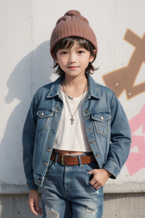 10 years old, child, 1boy, solo, short hair, looking at the audience, smile, bangs, brown hair, shirt, hat, brown eyes, jewelry, jacket, white shirt, denim lens, open dress, belt, pants, necklace, open jacket, lips, crop top, denim, jeans, realistic, beanie, pink jacket, graffiti