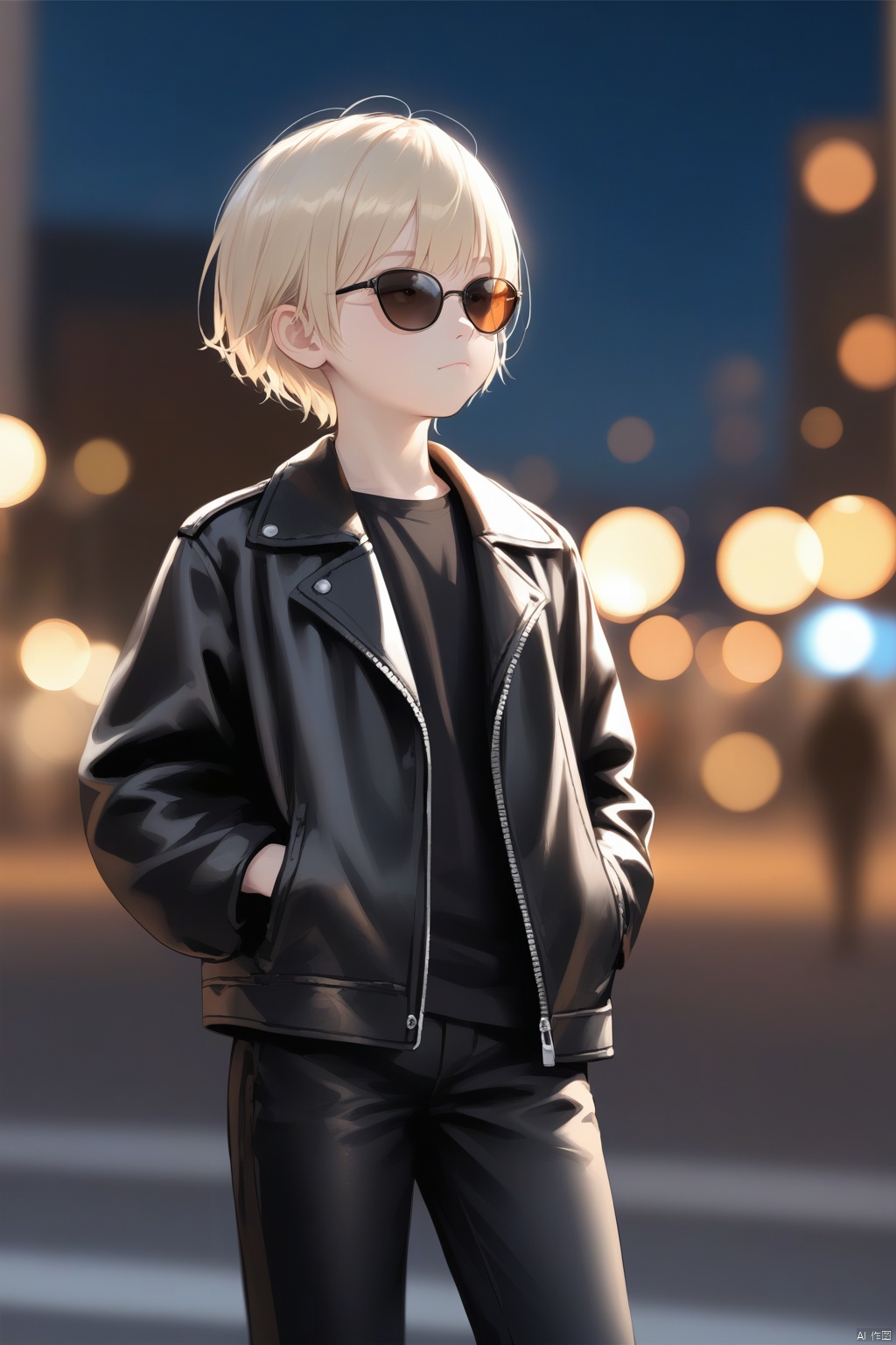  Photo, 10 year old child, single, looking at the audience, short hair, blonde hair, shirt, long sleeve, 1boy, Closed mouth, Standing, Jacket, Male Focus, Cowboy shot, Outdoor, pants, blur, Open Jacket, Black Jacket, black shirt, Depth of Field, Blur Background, Black pants, Sunglasses, Realistic, hands in pockets, leather, Bokeh, Leather jacket, Professional photography, real,