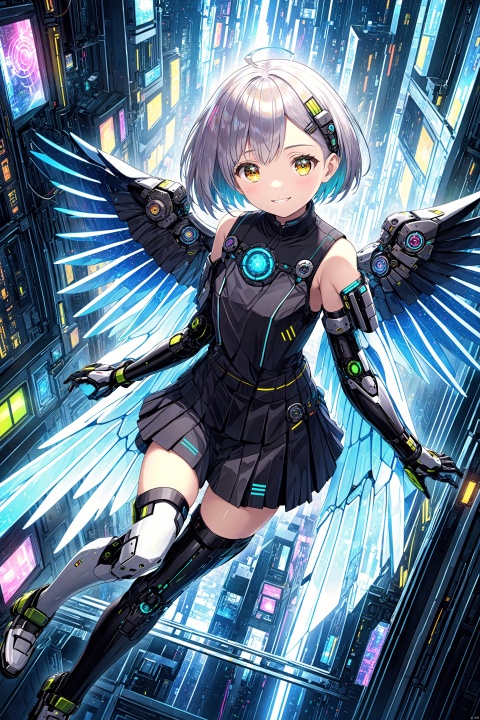 best quality,hight quality,(from_above:1.21),(rim_light:1.1),(colorful:1.2),(1girl),solo,smile,(cyborg:1.1),[school uniform],short hair,(hitodama_print:1.2),(Mechanical leg:1.2),Half-finger gloves,(mechanical_wings:1.21),pleated skir,android,hologram,city,tholographic interface,smart displayLaser,Aurora,absurdres,(hdr:1.22),(cyberpunk:1.1),science fiction,(medium close-up:0.7),wallpaper,