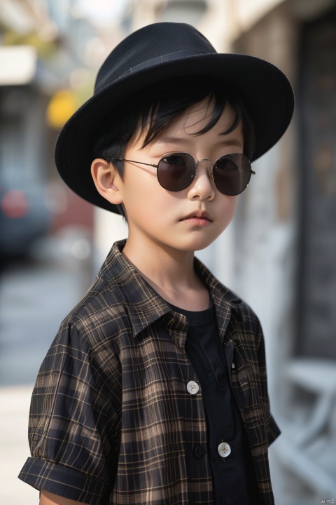  Real, photo, 10 year old, single, looking at the audience, plaid shirt, black hair, boy, hat, Fashion shirt, top, short sleeve, Male focus, outdoor, day, blur, plaid, blur background, sunglasses, Reality, plaid shirt