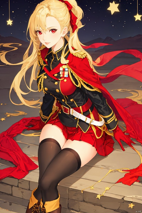  1girl, solo, long hair, breasts, looking at viewer, skirt, blonde hair, red eyes, thighhighs, gloves, boots, belt, star \(symbol\), cape, uniform, zettai ryouiki, military, red gloves, red cape