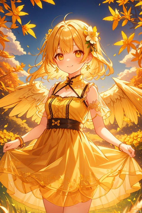  (wings:1.5),(grass:1.5),1girl, solo, breasts, looking at viewer, blush, smile, short hair, bangs, hair ornament, dress, jewelry, closed mouth, standing, yellow eyes, flower, earrings, outdoors, sky, sleeveless, day, hair flower, water, necklace, bracelet, tree, see-through, sleeveless dress, hair intakes, white flower, building, sunset, yellow flower, skirt hold, jack-o'-lantern, autumn leaves, yellow dress, orange dress, (\meng ze\), Light master, (\shen ming shao nv\), masterpiece