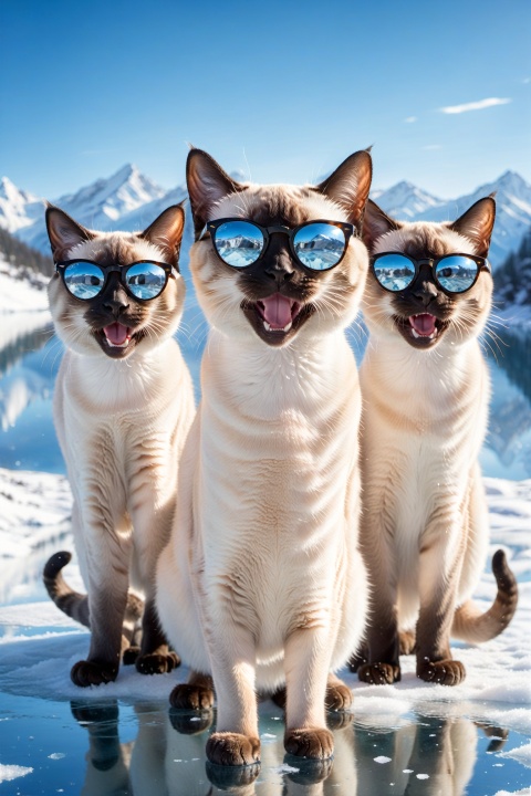 A group of Siamese cats in stylish sunglasses, surprised, cute, laughing,  outdoors, sky, day, blue sky, no humans, scenery, snow, reflection, ice, mountain, motion blur, lake, frozen
