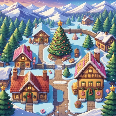 outdoors, food, tree, no humans, window, candy, nature, scenery, snow, forest, mountain, house, christmas tree, candy cane, chimney, pine tree,Candy, cake, chocolate, sandwich cookies, mushrooms, straw hats